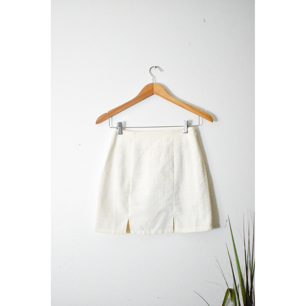 Francesca's Tweed Mini Skirt Women XS Cream Modern Metallic Front Slit Shimmer